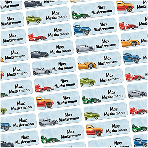 60 Stück personalisierte Namensaufkleber für Schulsache. Für Kinder Schule und Kindergarten zum Markieren von Gegenständen (Auto Rennwagen) Maße 4,8x1,6cm