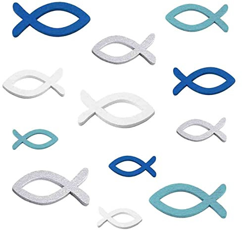 BetterJonny 192Pcs Holz Deko Fische, Fische Streudeko Taufe Deko Tischdeko Verzierung Taufe Deko für Junge Mädchen Taufe Konfirmation Kommunion Silber Weiß Blau Dunkelblau(3,5cm-5cm Gemischte