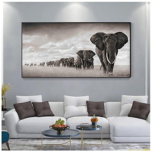 Jianghu Art Große dekorative gerahmte Wandbilder für Wohnzimmer Drucke Schwarzafrika Elefanten Wilde Tiere Leinwand Gemälde 90x160cm(35x63in) mit Rahmen