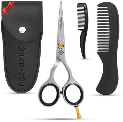 FABINOC® Professionelle 12,7 cm Bartschere männer with bartkamm & Tasche - Schnurrbart-, Augenbrauen-, Ohr- & Nasenhaarschere - Deutsches Qualitäts-Edelstahl
