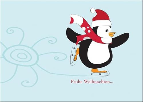 Kartenkaufrausch Im 5er Set: Schöne Weihnachtskarte/Geschenkkarte zu Weihnachten/Grußkarte zum Weihnachtsfest mit Schlittschuh laufendem Pinguin mit EIS Blume: Frohe Weihnachten…