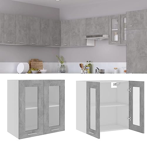 FIRBNUS Meuble de Cuisine Armoire en Verre Suspendue Gris Béton 60x31x60 cm Aggloméré Armoire de Rangement Grande Capacité Largement Utilisée dans Restaurants Hôtels Lieu de Travail