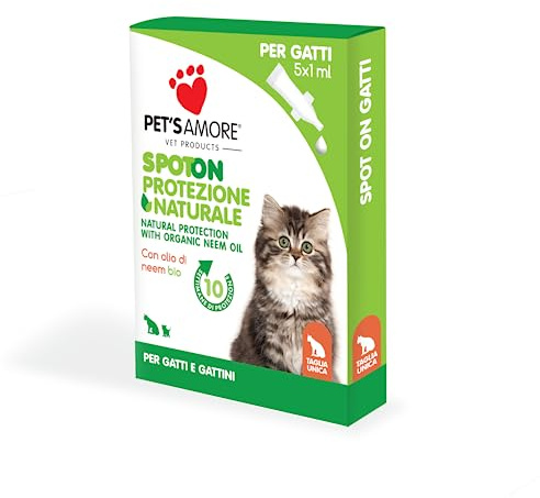 Pet's Amore - Protezione Naturale Spot On per gatti, 5 Pipette, Repellente per Cani con Olio di Neem Biologico e piretro Vegetale (Gatti)