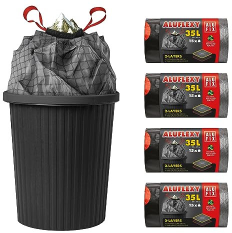 ALUFIX Starke Müllsäcke 35L - ALUFLEXY - 53x60 cm - 4 Rollen mit Zugband mit je 15 Stück - Material LDPE - Extrem Reißfest Schwarze Mülltüten - Für Gastronomie, Haushalt, Reparaturen, Gewerbeabfälle