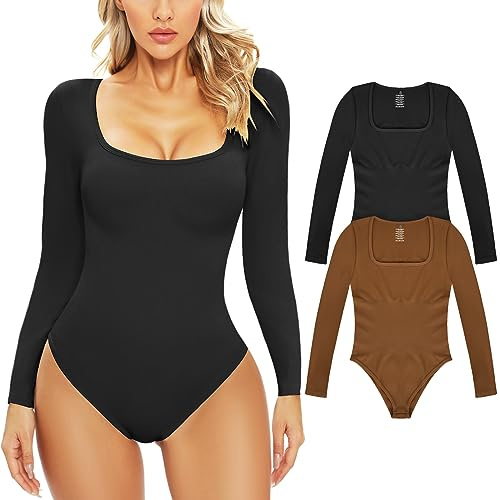 Xnova Body Damen Bodysuit Women Langarm U-Ausschnitt Elegant Dehnbarer Knit Stretch Shapewear Damen Oberteil Tops Urlaub Partys