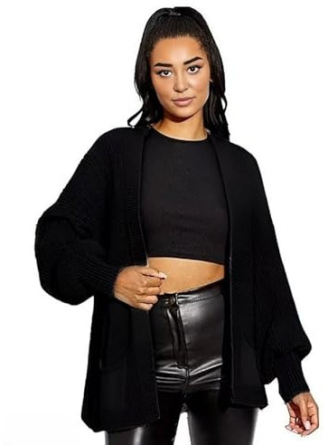 HUBIBUBI Women's Open Front Chunky Two Pockets Long Sleeve Cable Knitted Cardigans Ladies Oversized Balloon Sleeve Short Pockets Knitted Cardigans UK 8 to 18 Black