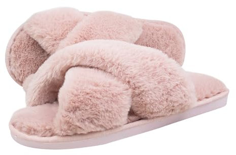 Milaloko Donne Fluffy Cross Band House Pantofole Fuzzy Open Toe Pantofole Cozy Peluche Slip-on Scarpe Home Indoor Outdoor, Rosa, 36-37
