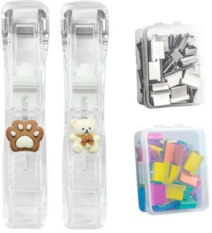 2pcs Reusable Portable Clam Clip Dispensers, Binder Clips, Stapleless Stapler, with 100 Paper Clam Dispenser Refill Clips, for Office Home School Supplies Bag Sealer Rounded Corners Prevent Scratches