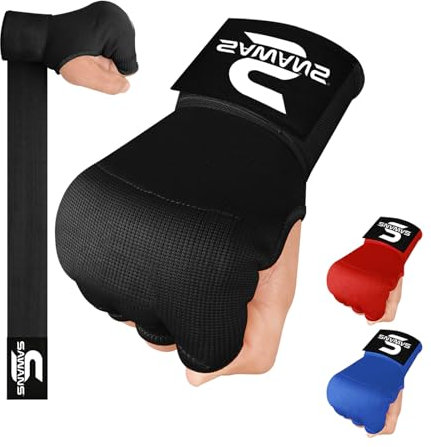 SAWANS Gants de Boxe pour la Protection des Mains, Longues Sangles de Poignet, élastiques, rembourrés, Gants de Combat pour Sac de Frappe, Gants de Boxe en Gel pour Muay Thai (Noire, L/XL)