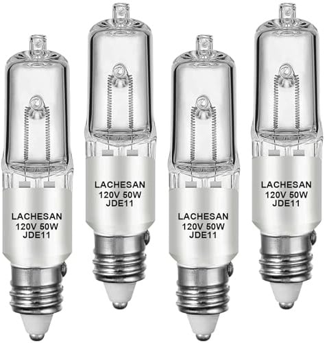 Lachesan JDE11 120v 50w, E11 Halogen Light Bulb,Dimmable T4 Mini Candelabra Base(Replacement E11 Led Bulb), 2700K Warm White for Chandeliers, Ceiling Fan, Table Lamps, Cabinet Lighting, 4 Pack