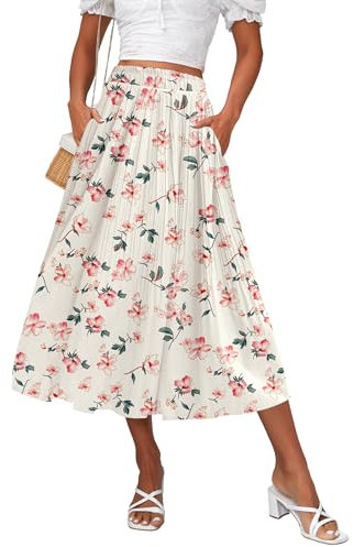 Zeagoo Damen Midi Röcke Hohe Taille Plissee A-Linie Swing Röcke Sommer Floral Lange Röcke mit Taschen, Rosa Blumen-Aprikosen-Druck, Mittel