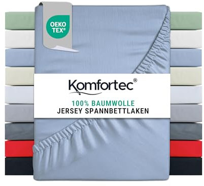 Komfortec Spannbettlaken Jersey 100% Baumwolle – 180x200 cm – 135g/m² – Weich, Atmungsaktiv & Hautfreundlich – Mit Rundumgummi – Oeko-Tex Zertifiziert – Für Boxspring, Topper & Matratzen – Hellblau