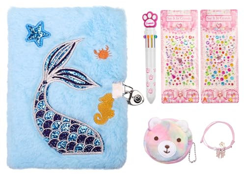 Cute Notepad Cartoon Notebook, Plush Diary with Lock and Keys Journals for Study Notes Fun Writing Drawing Scratch Pads Kawaii School Supplies for Girls Boys Kid and Teacher 160 Pages (Blue Fish)