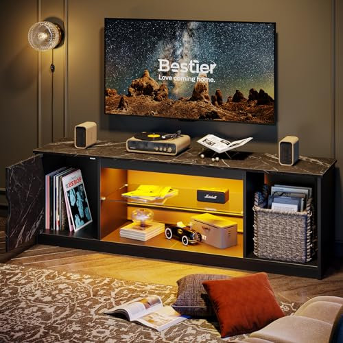 Bestier 145 CM LED TV Stand for 55/60 / 65 Inch TVs Gaming Entertainment Center with Cabinet for PS5 Modern TV Cabinet with Adjustable Glass Shelves for Living Room Bedroom