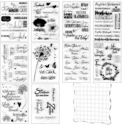 Silikonstempel Set, 10 Blätter Silikon Stempel Sprüche Deutsch, Herzlichen Glückwunsch Silikonstempel mit Acrylblock, Clear Stamp für Geburtstag Weihnachten DIY Journal Scrapbooking