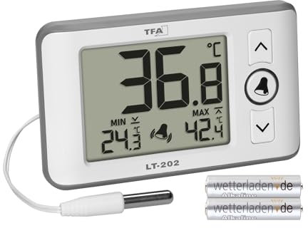 TFA Dostmann Digitales Profi-Thermometer mit wasserdichten Kabelfühler LT202, 30.1052, permanente Anzeige der Max.-Min.-Werte, Temperaturalarm, für Aquarien/Kühlschränke geeignet (weiß mit Batterien)