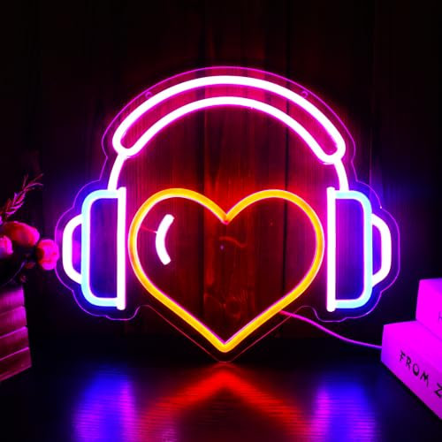 DJ Player Neon Sign for Wall Decor, On Air Music LED Light Wall Art with Heart & Headphone Design for Music Lovers, Bedroom & Gaming Aesthetic, USB-Powered, Dimmable Pink Blue Red(13.7x11.8)
