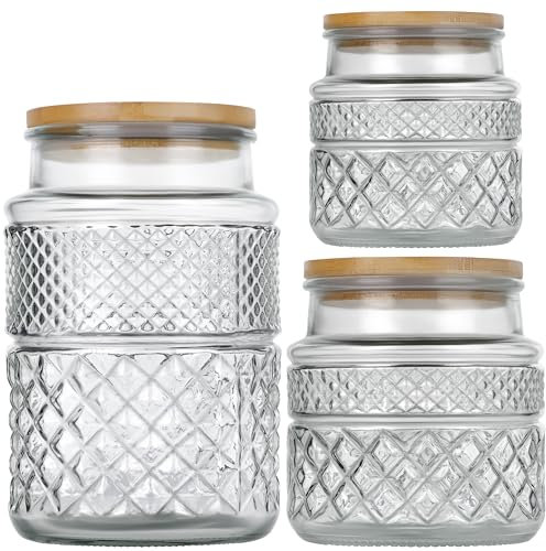 Winter Shore Geprägtes Bonbonglas Mit Deckel (3er-Pack) - Großes Deko Glas - Süßigkeiten Behälter - Kleine Zuckerdose für Die Küche - Keksdose Set - Bonboniere