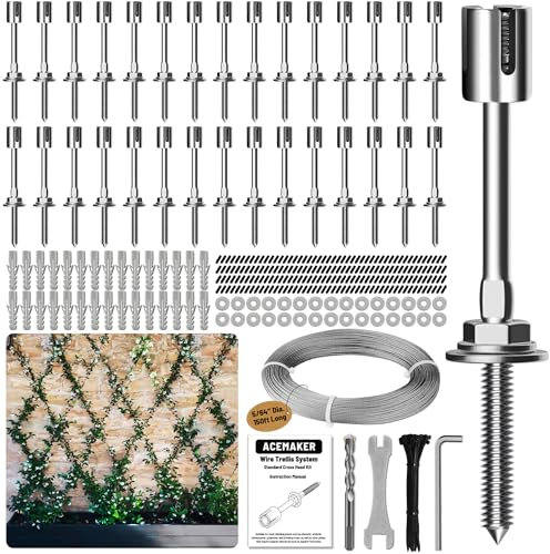 Acemaker Wire Trellis for Climbing Plants Outdoor, 20-Set Wall Wire Trellis Kit with 5/64(2mm) x 98ft Stainless Steel Cable, T316 Espalier System for Fence and Garden DIY Projects