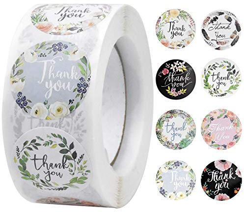 Dokeno,500 Stück Dankeschön Aufkleber mit Blumenmuster – 2,5 cm,Runde Danke Sticker zum Verpacken von Geschenken,Dekorative Dankeschön-Etiketten für Kleine Unternehmen, Hochzeiten und Geburtstage