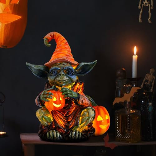 Halloween Deko Kürbis Laterne Elf Halloween Kürbis Deko Innen, Herbstdeko LED Kerze, Halloween Tischdeko Laterne Statuen Figuren Ornamente Batteriebetriebene Halloween Dekoration (C)