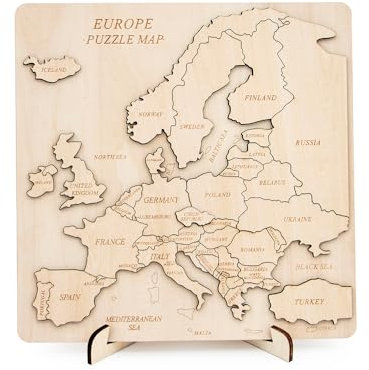 Wooden Puzzle Map of Europe, 3mm Thick, Countries and Capitals Labelled, Educational Gift for Kids and Adults, Stand Included