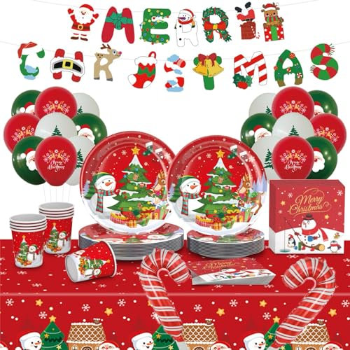 JIAJIAYI Juego de Vajilla y Accesorios para Fiesta de Navidad - Platos de Papel, Globos y Decoración