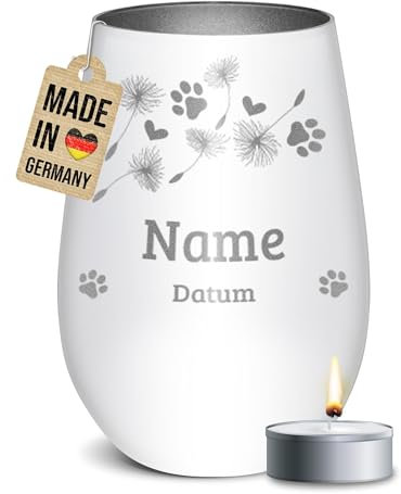 PR Print Royal Trauer Windlicht mit Gravur für Tiere - Pusteblume - mit Name & Datum - Erinnerungslicht, Gedenklicht, Trauergeschenk | inkl. Teelicht, 450 ml, Weiß/Silber