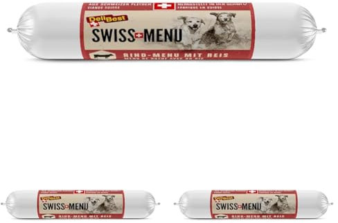 DeliBest Swiss MENU Rind-Menu mit Reis I Nassfutter für Hunde aus 100% Schweizer Rindfleisch I glutenfrei & ohne andere Zusätze I hochwertiges Hundefutter Adult I 200 g Hundewurst (Packung mit 3)