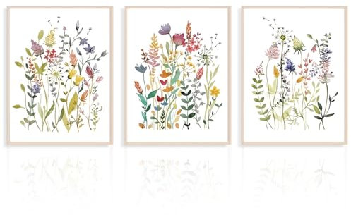 Dazzlewall 3 Stück Aquarell Blumen Leinwand Bilder, Bunte Botanische Wandbilder, Minimalistische Wildblumen Wand Kunstdrucke für Schlafzimmer Wohnzimmer Dekor 30x40 cm Ungerahmt