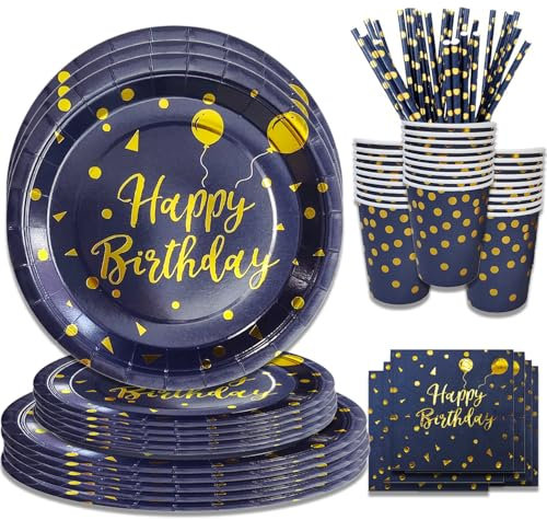 80pcs Party Tableware Set, Navy Blue Gold Happy Birthday Theme 20Guest Navy Blue Party Paper Plates Cups Napkins Straws Disposable Blue and Gold Party Supplies Kids Birthday Party Supplies for Wedding