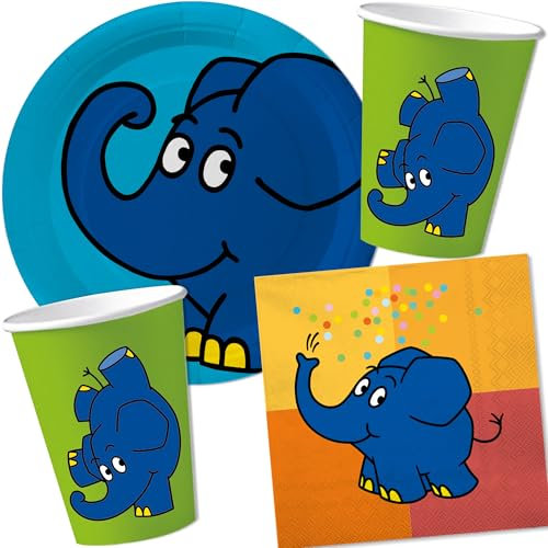 Carpeta 37-TLG. Party-Set * DIE Sendung MIT DEM Elefanten * mit Teller, Becher, Servietten und Deko für Kindergeburtstag und Mottoparty | Kinder lieben die Maus und den Elefant zum Geburtstag