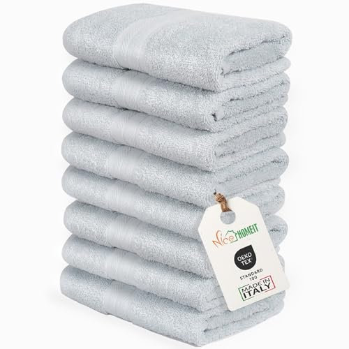 nice homeit Set mit 8 Handtüchern für Gesicht und Gäste, aus Baumwolle, 35 x 55 cm, aus 100% ringgesponnener Baumwolle, extra weich und saugfähig, hergestellt in Italien - Grau
