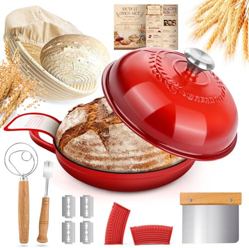 NZQXJXZ Olla de Hierro Fundido, 26cm Cacerola Holandesa de Esmaltado con Tapa, Olla Holandesa para Cocina Casera Hornear con Banetones para Pan