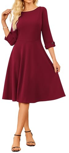 GRACE KARIN Damen Sommerkleid 3/4 Ärmel A-Linie Midikleid U-Boot-Ausschnitt Schickes Abendkleid Rosa M