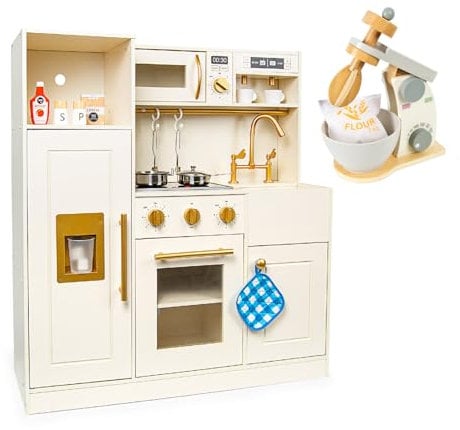 Leomark Cocinita de Juguete Elegante | Cocina de Madera Interactiva con Luz y Sonido | Estufa + Microondas + Fregadero | Juego Infantil Educativo para Niñas y Niños 89 cm + Batidora de Madera