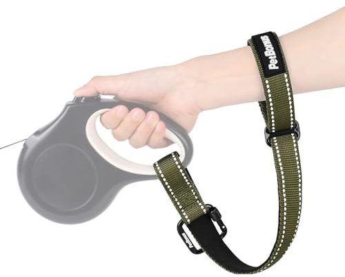 PetBonus Dog Leash Wrist Strap with Lockable Clip for Dog Retractable Leash | Adjustable Soft Padded Handle, Reflective, Escape Proof, Heavy Duty, Extra Layer Security for Pet Stroller, Army Green