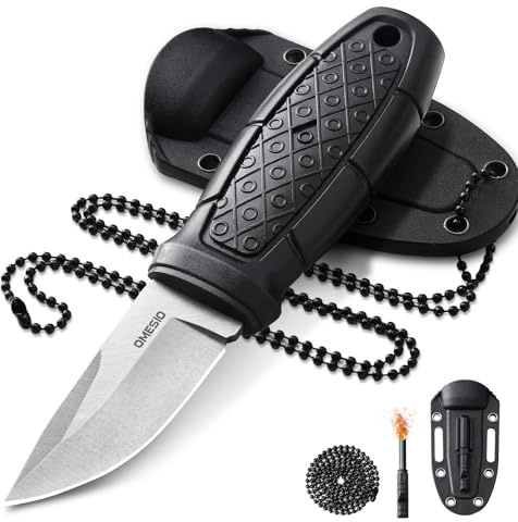 Omesio S-MY21 Neck Knife EDC Messer 5CR14MOV Stahl Full Tang | 6cm Klinge mit ABS Scheide, Kugelkette, Feuerstahl und Pfeife, kompaktes Outdoor Messer für Camping, Wandern und Survival