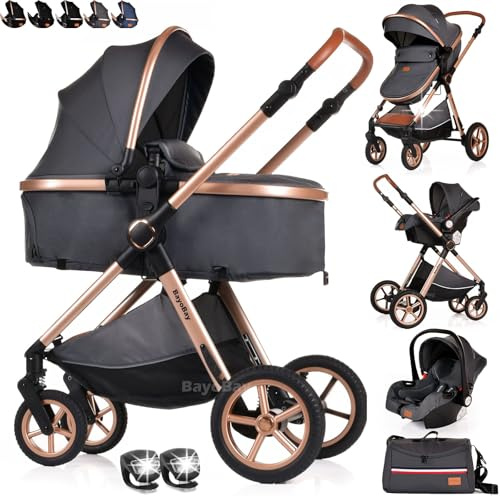 3 in 1 Travel System Baby Pram Buggy with Car Seat Pushchair Carriage Child Lightweight Folding Stroller for Newborns Toddlers from Birth up to 22kg NEW 2025 Style (BB3 - Grey Golden, BB3)
