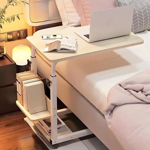 Überbetttisch mobiler Beistelltisch, mit Rollen Laptoptisch Höhenverstellbar, aus Holz, Sofatisch Nachttisch Kaffeetisch, für Büro Arbeitszimmer Zuhause(White)