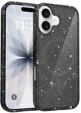 EMAGON CrystalShield Glitzer-Hülle für iPhone 17, Schwarz | PC+TPU-Hybridmaterial mit N52-Magnetring, stoßdämpfenden Ecken und erhöhten Kanten für Display und Kamera