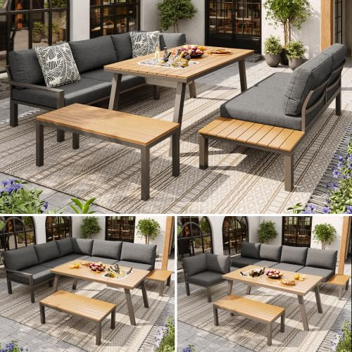 muenfly Garten-Lounge-Set 6-7 Personen – Outdoor Sofa & Essgruppe mit Tisch + integriertem Eiskübel, wetterfest, Robustes verzinktes Gestell, extragroße Polster für Terrasse & Balkon
