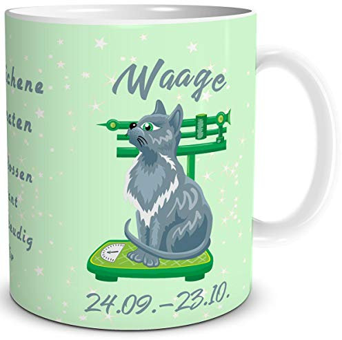 TRIOSK Tasse Katze lustig mit Spruch Sternzeichen Waage Katzenmotiv Geschenk Geburtstagstasse für Katzenliebhaber Frauen Freundin