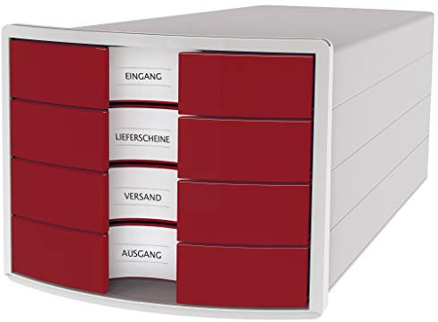 HAN Schubladenbox IMPULS 2.0 mit 4 geschlossenen Schubladen für DIN A4/C4 inkl. Beschriftungsschilder, Auszugsperre, möbelschonende Gummifüße, Design in premium Qualität, 1012-17, lichtgrau/rot