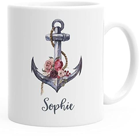 SpecialMe® personalisierte Kaffee-Tasse mit Namen Anker Blumen Namenstasse persönliche Geschenke weiß Keramik-Tasse