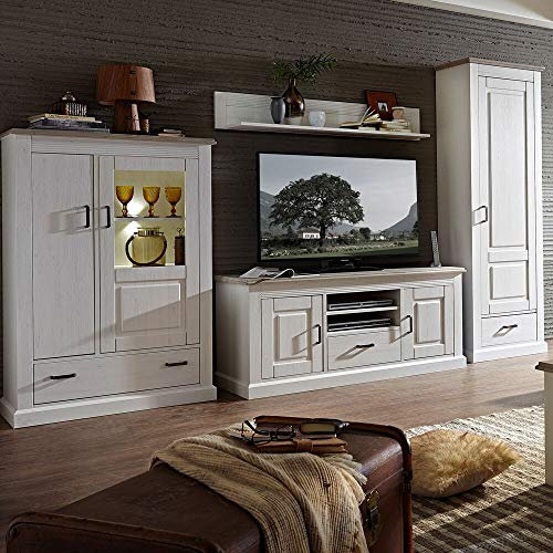 Lomadox Landhaus Wohnwand inkl. LED-Beleuchtung in Pinie weiß mit Abs. Taupe inkl. Vitrine