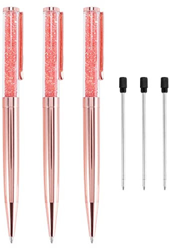 TaoToa Rose Gold Pen Bling Crystal Ball Point Pen Black Ink Pen with 3 Extra Refills (Rose Gold 3 Pack)
