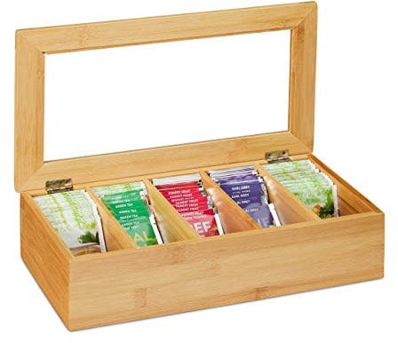 Relaxdays Teebox, 5 Fächer, Bambus, Teekiste mit Sichtfenster, Teebeutel, Kaffeepads, Teekasten HxBxT: 9x37x20 cm, natur, 10032168