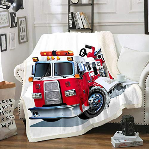 WINKE Jungen Feuerwehrauto Kuscheldecke 130x150cm Rotes Feuerwehrauto Muster Wohndecke für Bettwagen Fahrzeugdruck Flanell Fleecedecke Atmungsaktiver Feuerwehrauto