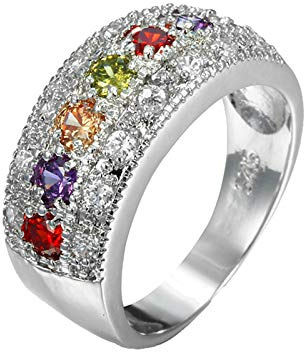 Beydodo Trauring mit Stein Frauen Versilbert, Verlobungsring Bandring Bunten Zirkonia Ring Silber Eheringe Nickelfrei Größe 60 (19.1)